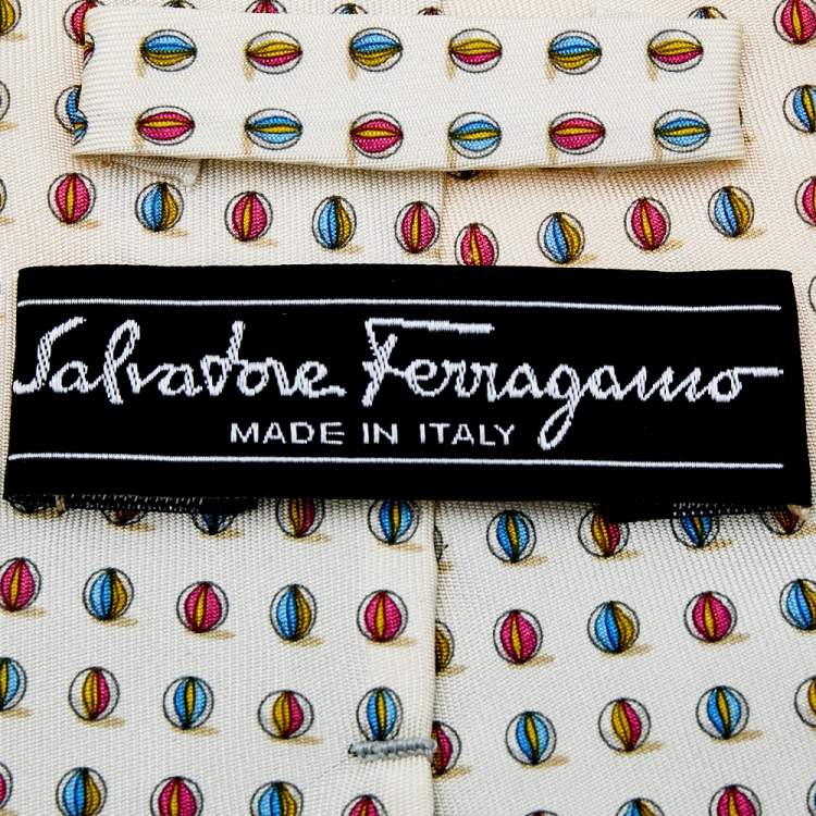 Pre Owned Salvatore Ferragamo Cream Ball Printed Silk Tie