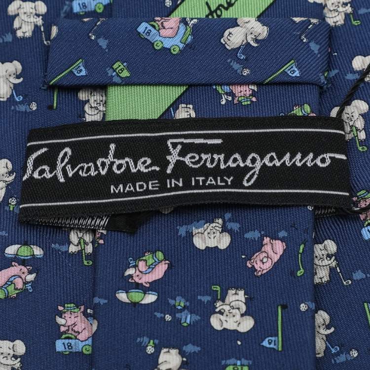 Pre Owned Salvatore Ferragamo Navy Blue Elephant Print Silk Tie