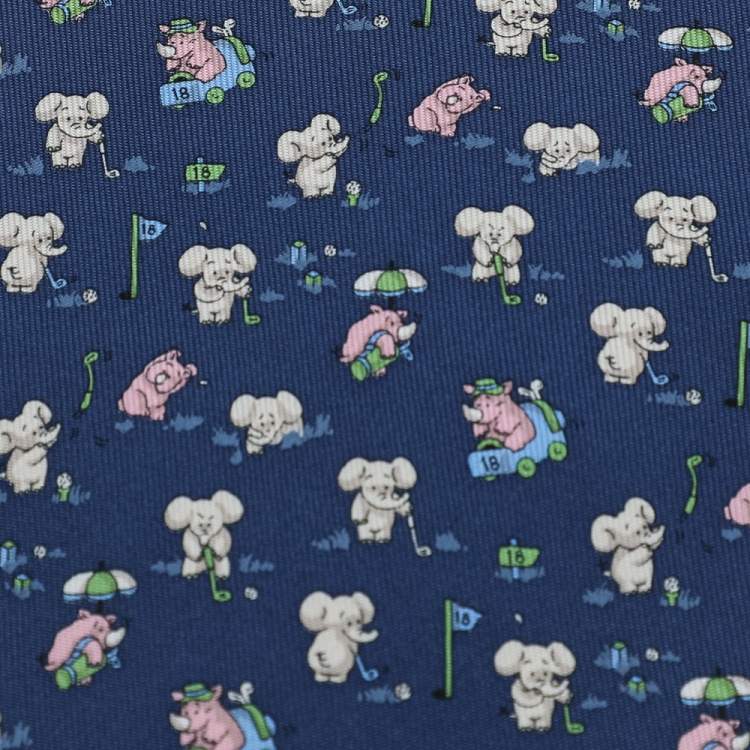 Pre Owned Salvatore Ferragamo Navy Blue Elephant Print Silk Tie