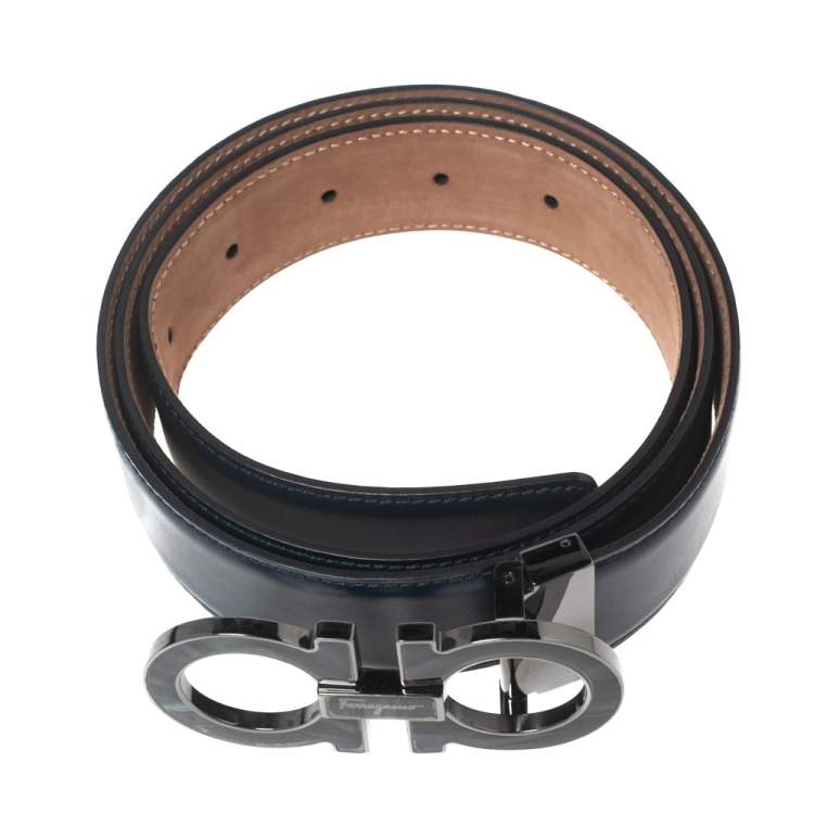 Pre Owned Salvatore Ferragamo Navy Blue Leather Gancio Belt 110CM