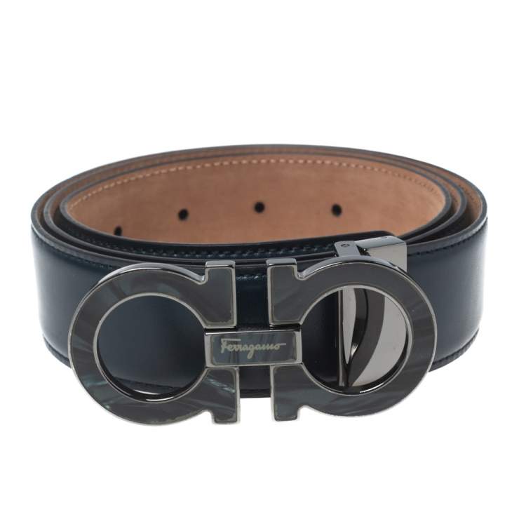Pre Owned Salvatore Ferragamo Navy Blue Leather Gancio Belt 110CM