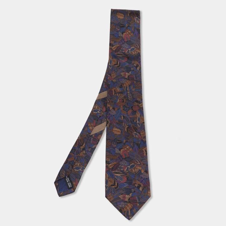 Pre Owned Salvatore Ferragamo Midnight Blue Feather Print Silk Tie