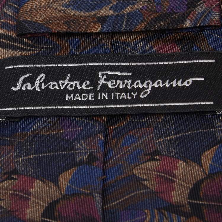 Pre Owned Salvatore Ferragamo Midnight Blue Feather Print Silk Tie