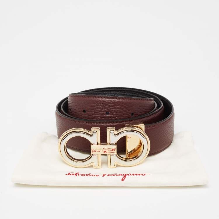 Pre Owned Salvatore Ferragamo Burgundy/Black Leather Gancini Buckle Cut to Size Belt