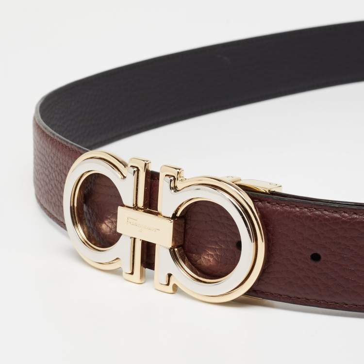 Pre Owned Salvatore Ferragamo Burgundy/Black Leather Gancini Buckle Cut to Size Belt