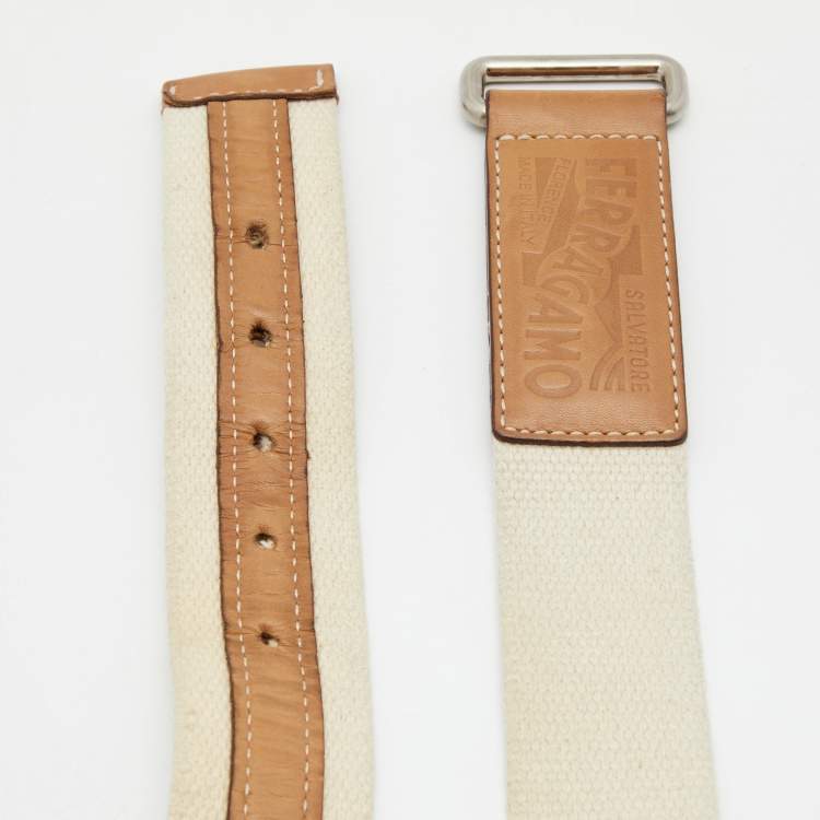 Pre Owned Salvatore Ferragamo Beige/Tan Canvas and Leather Belt 100CM