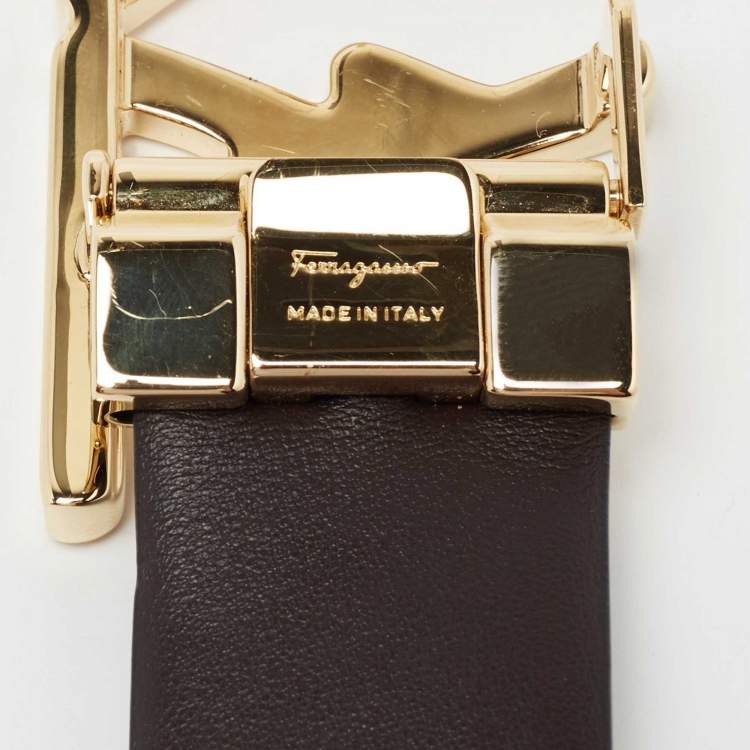 Pre Owned Salvatore Ferragamo Black/Brown Leather SF Logo Cut to Size Reversible Belt