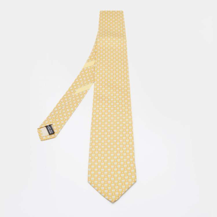 Pre Owned Salvatore Ferragamo Yellow Gancini Print Silk Tie