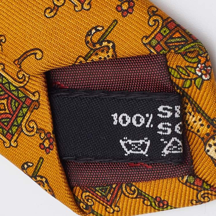 Pre Owned Salvatore Ferragamo Mustard Yellow Animal Print Silk Tie