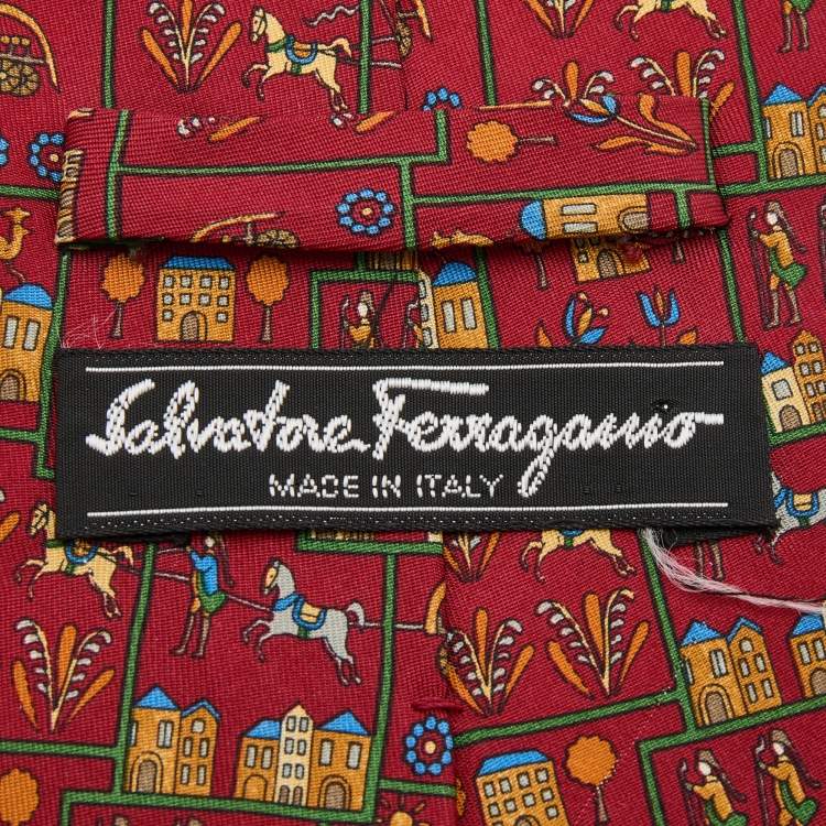 Pre Owned Salvatore Ferragamo Burgundy Print Silk Traditional Tie