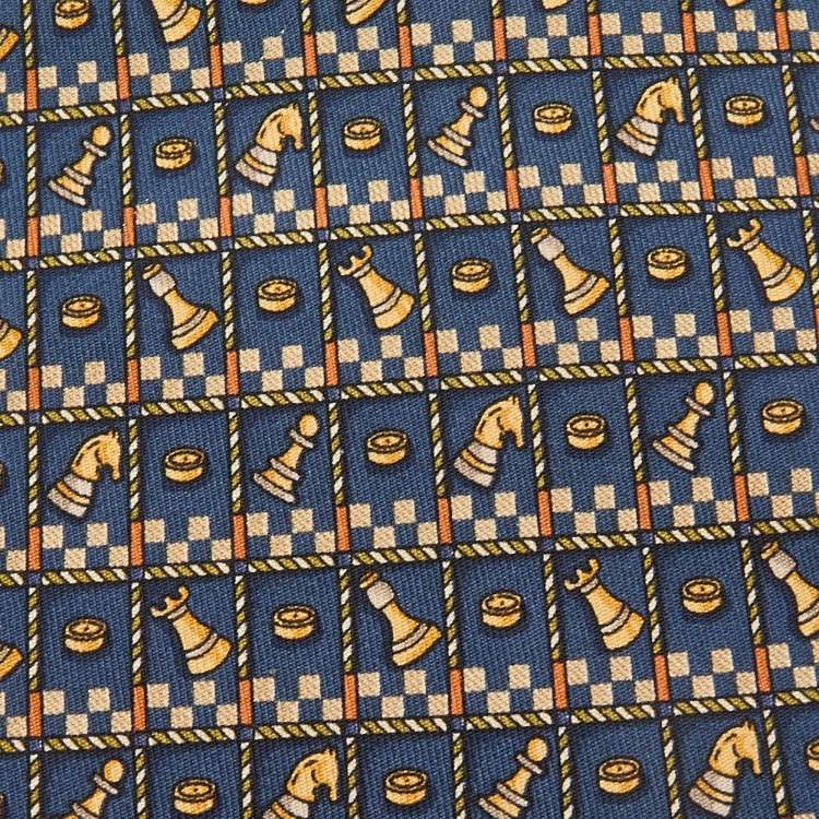 Pre Owned Salvatore Ferragamo Navy Blue Chess Print Silk Tie