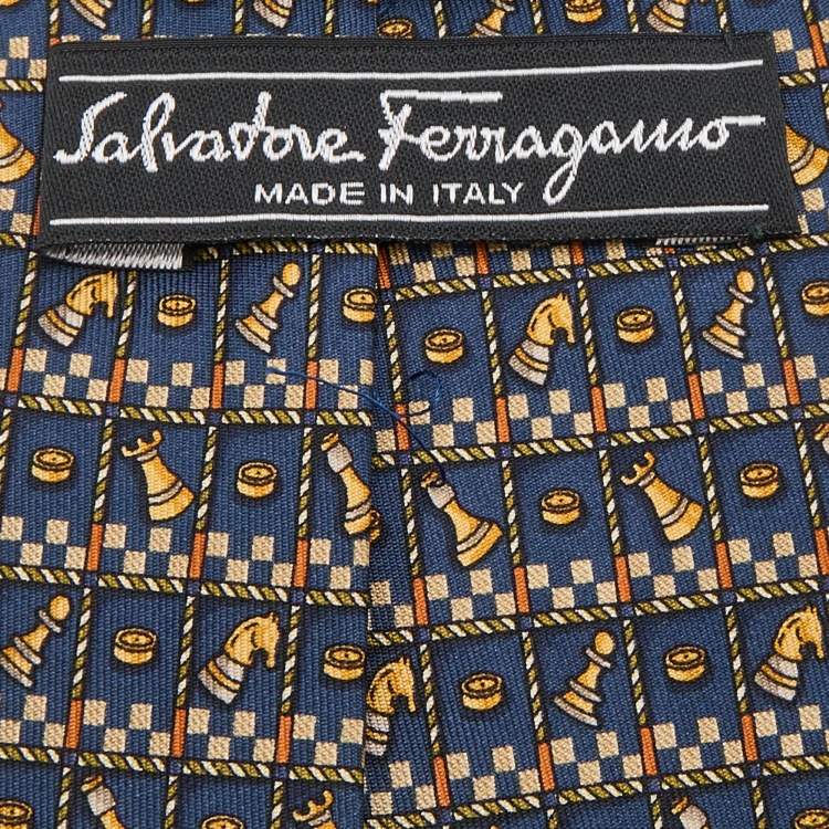 Pre Owned Salvatore Ferragamo Navy Blue Chess Print Silk Tie