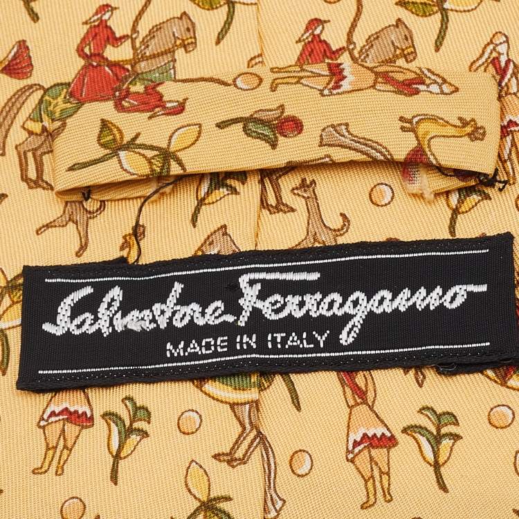 Pre Owned Salvatore Ferragamo Yellow Monkey & Camel Printed Silk Tie