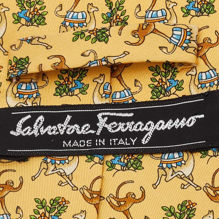 Pre Owned Salvatore Ferragamo Yellow Horse Printed Silk Tie
