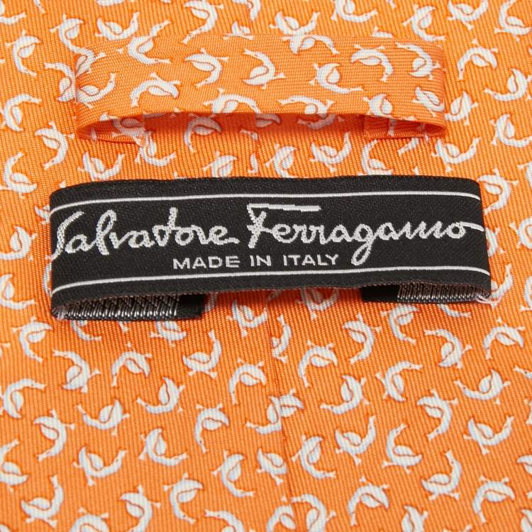 Pre Owned Salvatore Ferragamo Orange Printed Silk Traditional Tie