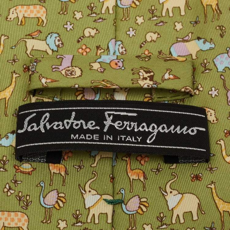 Pre Owned Salvatore Ferragamo Green Animal Printed Silk Tie