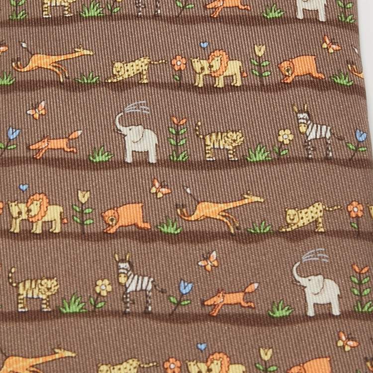 Pre Owned Salvatore Ferragamo Brown Striped Animal Print Silk Tie