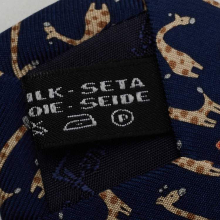 Pre Owned Salvatore Ferragamo Navy Blue Giraffe Print Silk Traditional Tie