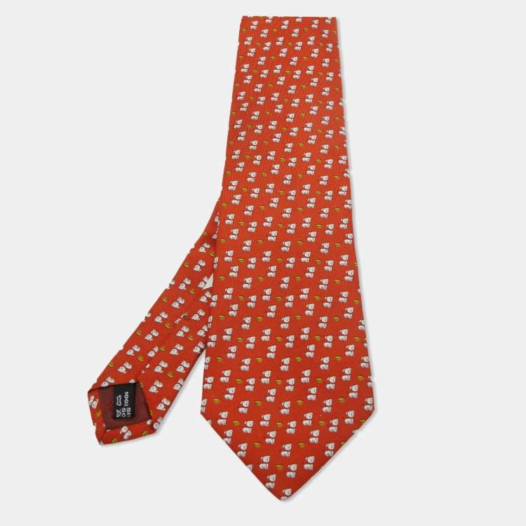 Pre Owned Salvatore Ferragamo Rust Orange Animal Print Silk Tie