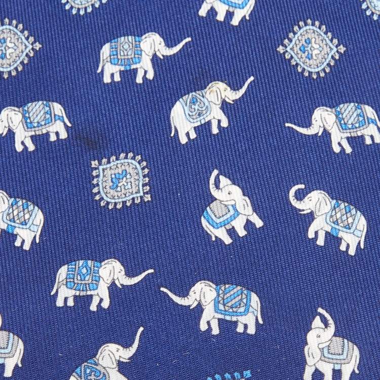 Pre Owned Salvatore Ferragamo Blue Elephant Print Silk Tie
