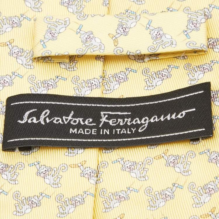 Pre Owned Salvatore Ferragamo Yellow Monkey Print Silk Tie