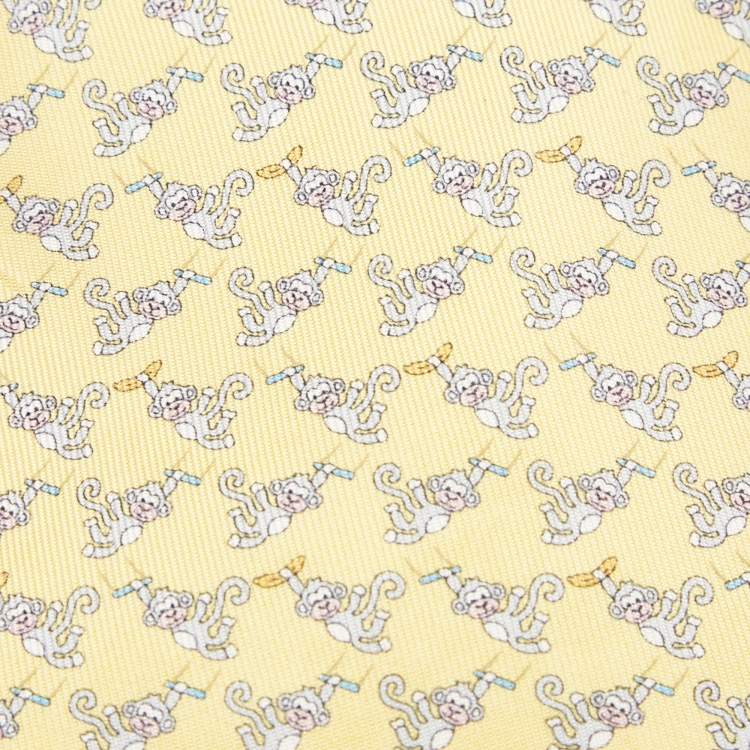 Pre Owned Salvatore Ferragamo Yellow Monkey Print Silk Tie