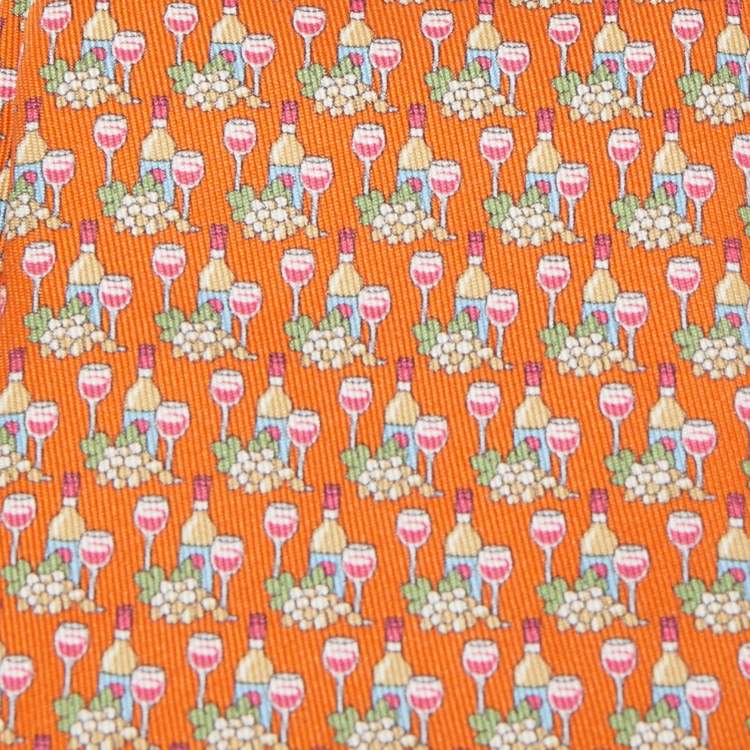Pre Owned Salvatore Ferragamo for Antinori nel Chianti Classico Orange Wine Print Silk Tie