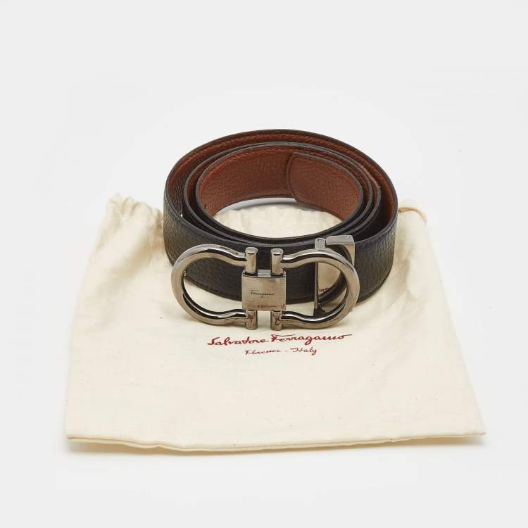 Pre Owned Salvatore Ferragamo Black/Brown Leather Gancini Buckle Reversible Belt 