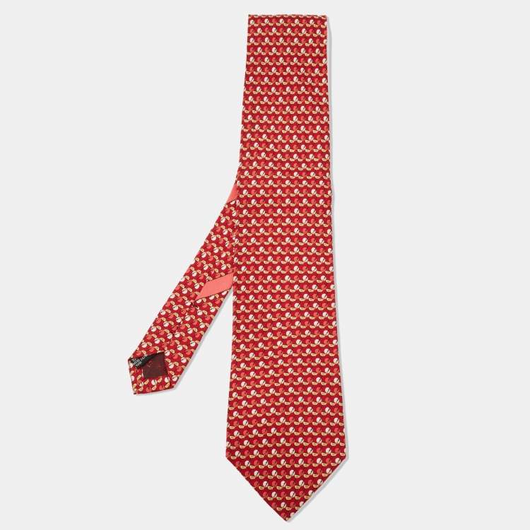 Pre Owned Salvatore Ferragamo Red Golf Stick & Ball Print Silk Tie