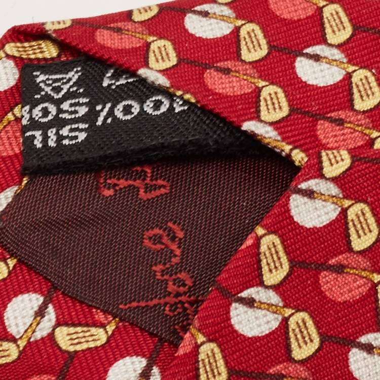 Pre Owned Salvatore Ferragamo Red Golf Stick & Ball Print Silk Tie