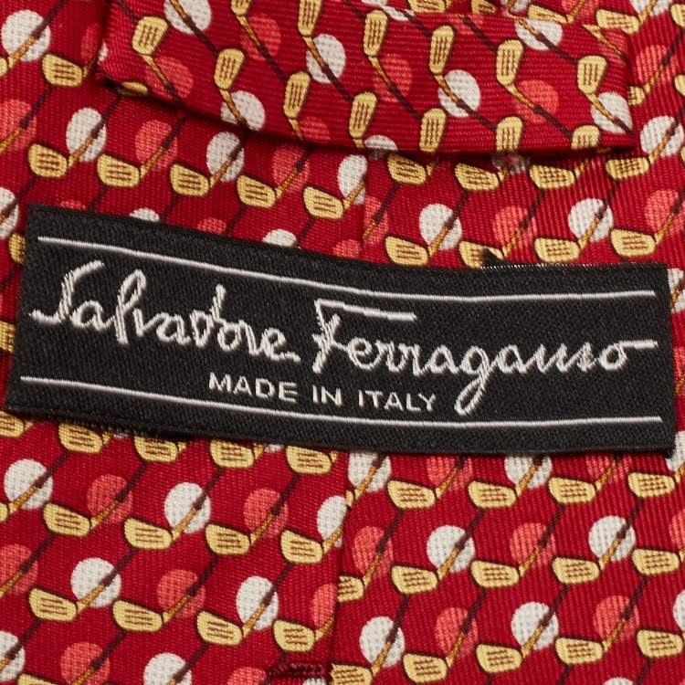 Pre Owned Salvatore Ferragamo Red Golf Stick & Ball Print Silk Tie