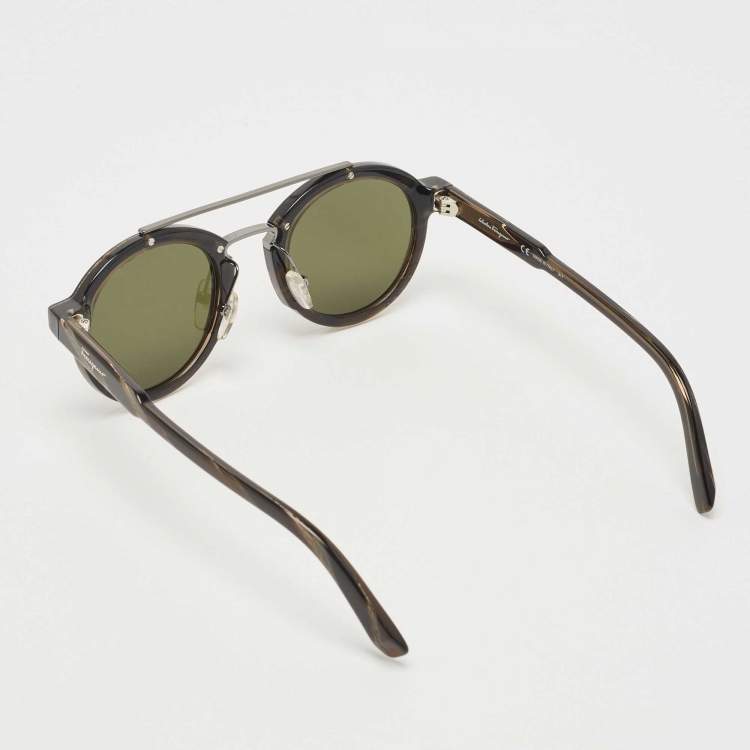 Pre Owned Salvatore Ferragamo Dark Brown Havana/Green SF845S Round Sunglasses