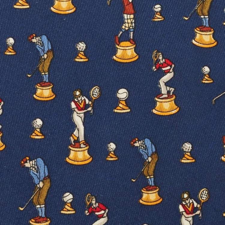 Pre Owned Salvatore Ferragamo Navy Blue Golf & Tennis Print Silk Tie