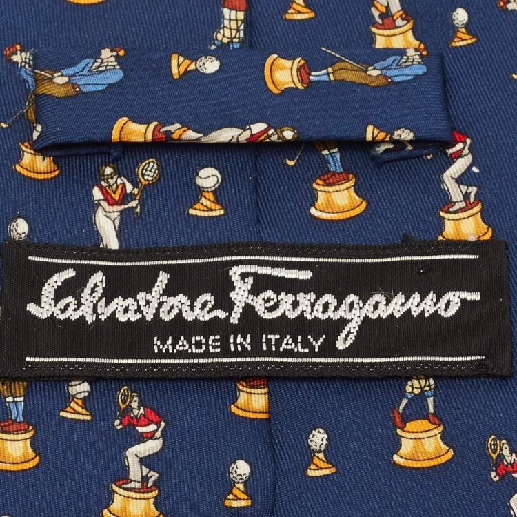 Pre Owned Salvatore Ferragamo Navy Blue Golf & Tennis Print Silk Tie