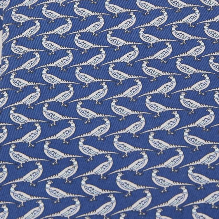 Pre Owned Salvatore Ferragamo Navy Blue Bird Print Silk Traditional Tie