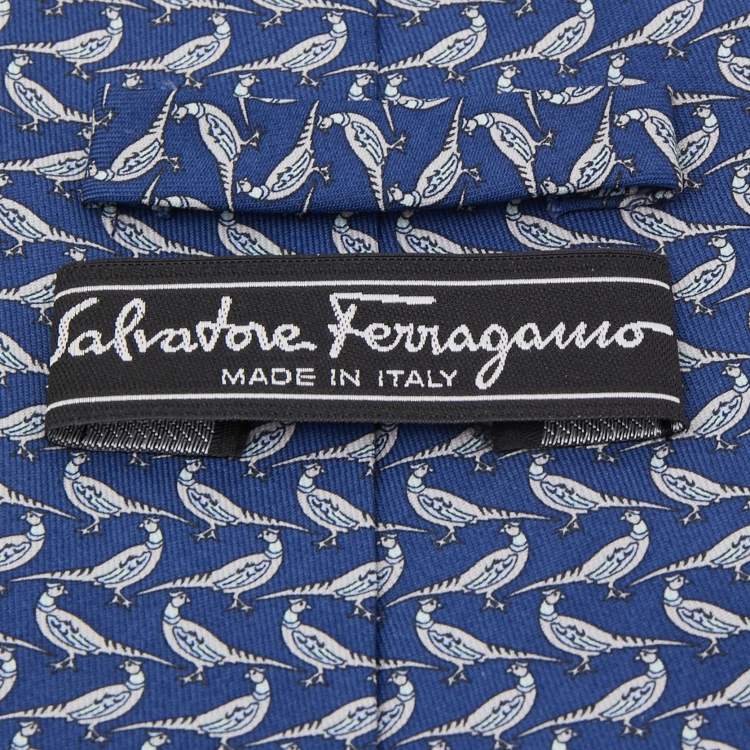 Pre Owned Salvatore Ferragamo Navy Blue Bird Print Silk Traditional Tie