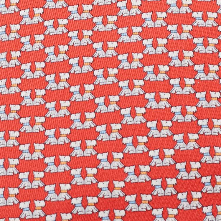 Pre Owned Salvatore Ferragamo Red Puppy Print Silk Tie