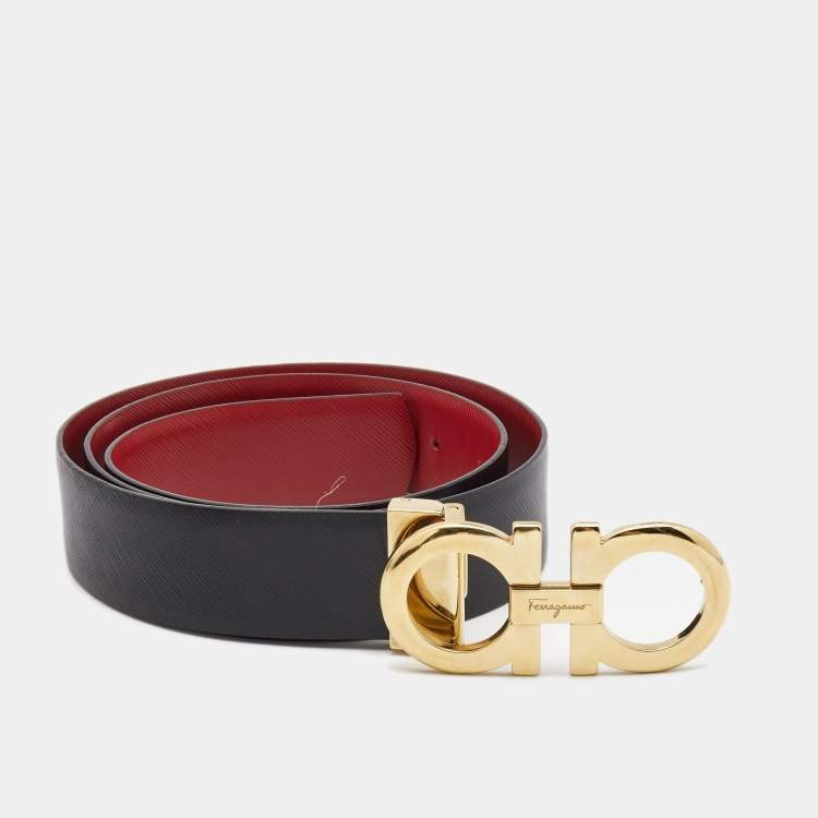 Pre Owned Salvatore Ferragamo Red/Black Leather Gancini Reversible Belt 