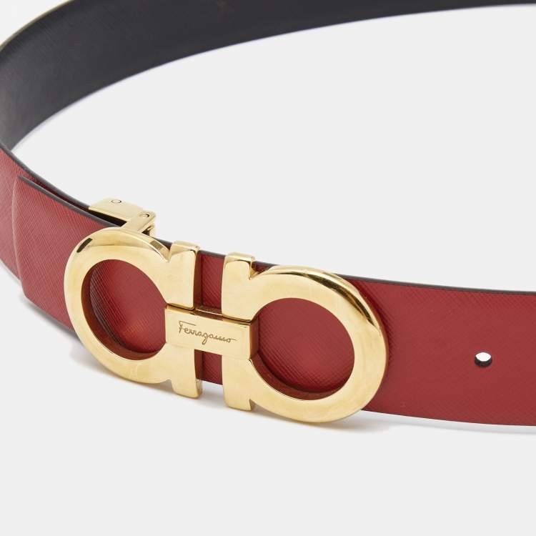 Pre Owned Salvatore Ferragamo Red/Black Leather Gancini Reversible Belt 