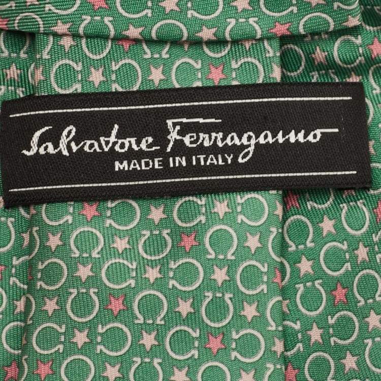 Pre Owned Salvatore Ferragamo Green Star Printed Silk Tie