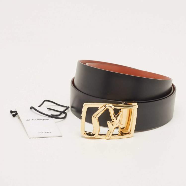Pre Owned Salvatore Ferragamo Black Leather Logo Buckle Belt 105CM