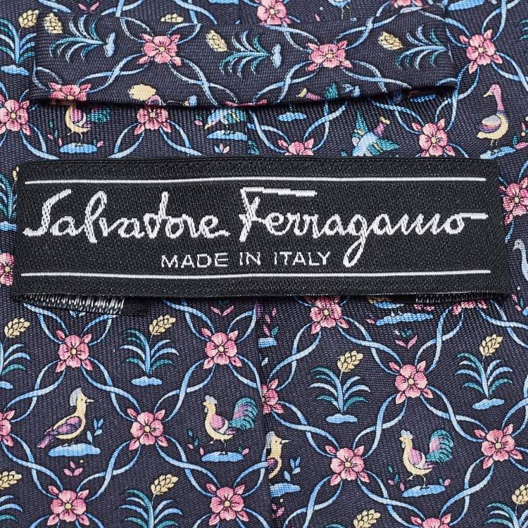 Pre Owned Salvatore Ferragamo Navy Blue Floral Birds Print Silk Traditional Tie