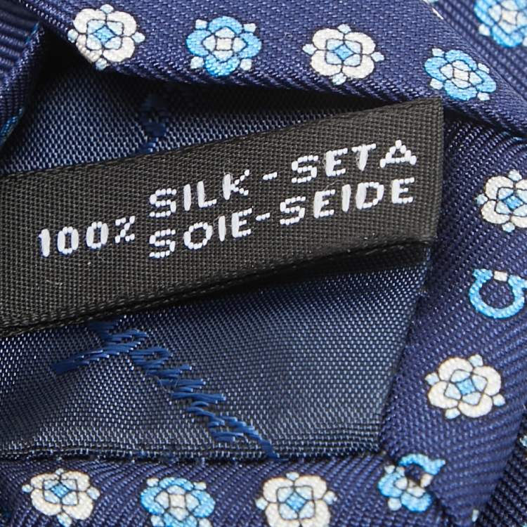 Pre Owned Salvatore Ferragamo Navy Blue Logo Print Silk Tie