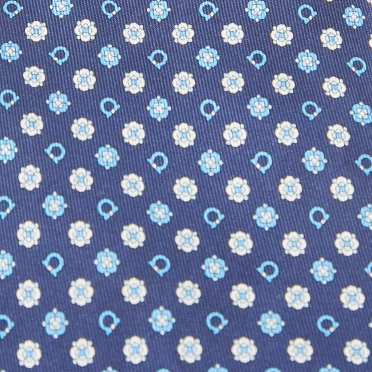 Pre Owned Salvatore Ferragamo Navy Blue Logo Print Silk Tie