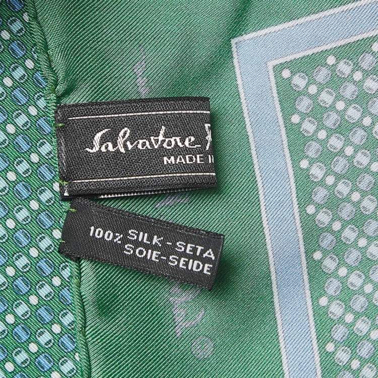 Pre Owned Salvatore Ferragamo Green Print Silk Pocket Square