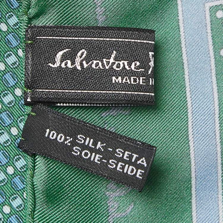 Pre Owned Salvatore Ferragamo Green Print Silk Pocket Square