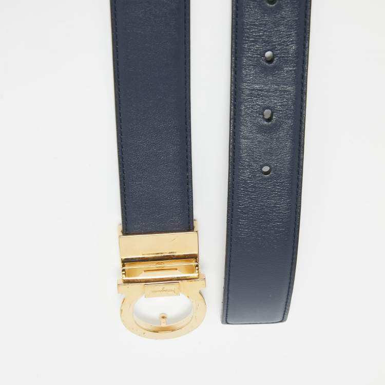 Pre Owned Salvatore Ferragamo Navy Blue/Black Leather Gancio Cut to Size Reversible Belt