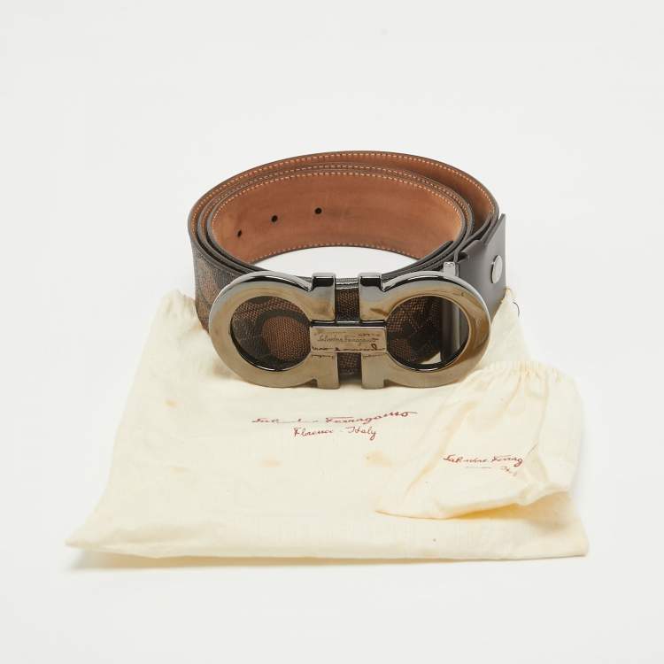 Pre Owned Salvatore Ferragamo Brown Gancini Print Leather Buckle Belt 115CM