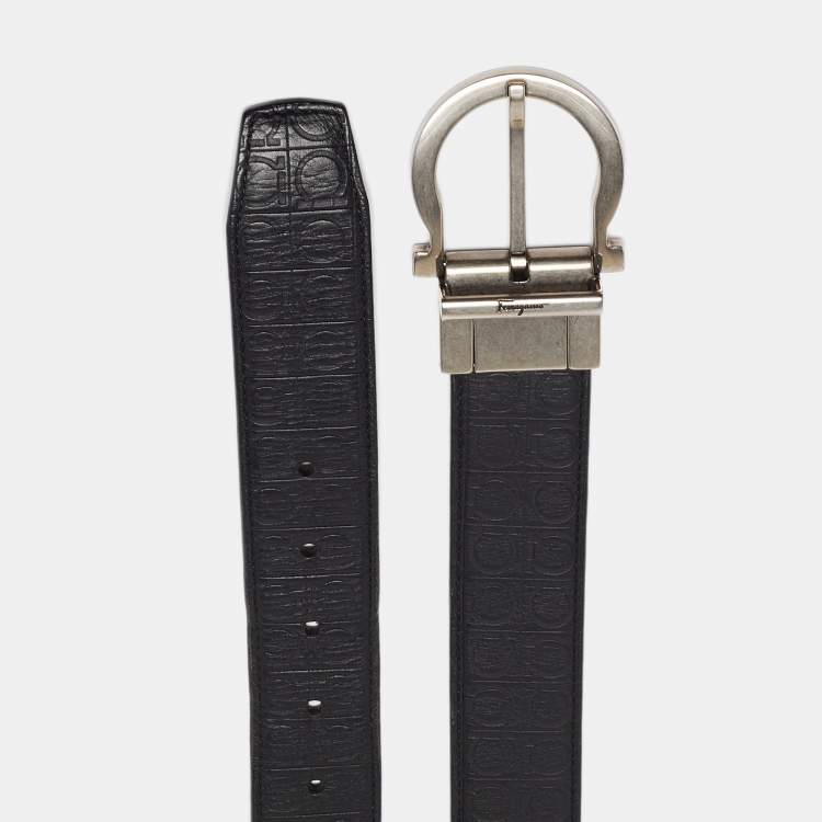 Pre Owned Salvatore Ferragamo Black/Dark Brown Ganici Embossed Leather Cut to Size Reversible Buckle Belt