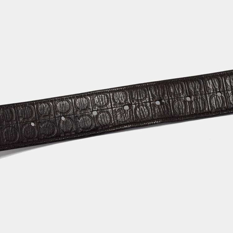 Pre Owned Salvatore Ferragamo Black/Dark Brown Ganici Embossed Leather Cut to Size Reversible Buckle Belt